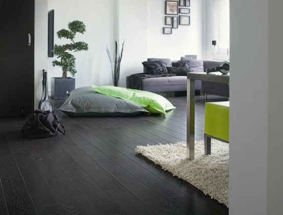 living room with dark laminate flooring