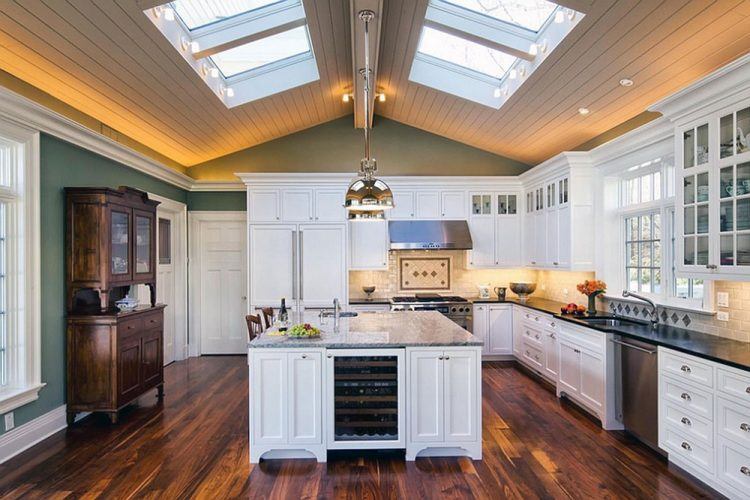 modern kitchen with skylights