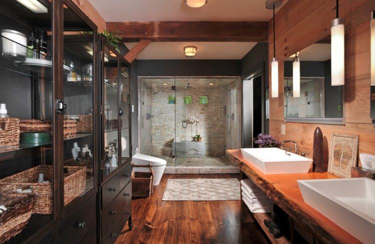 lavish bathroom with hardwood flooring