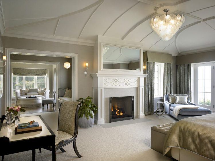 master bedroom with contemporary chandelier 