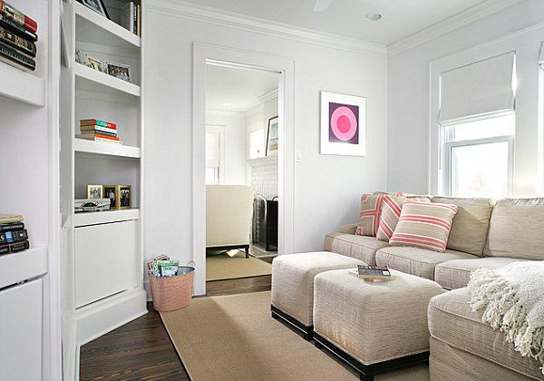 living room with two square ottomans