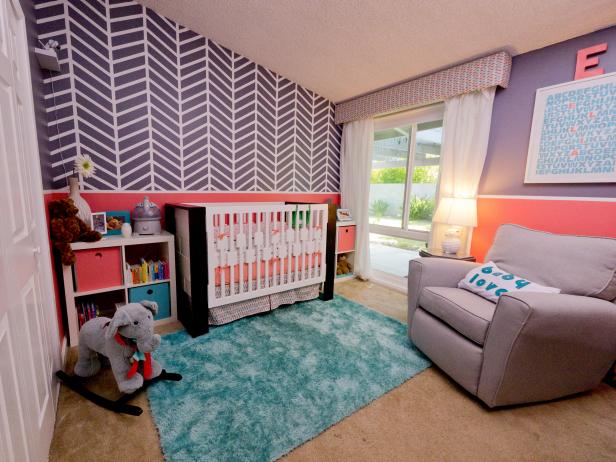 purple baby room with stripes