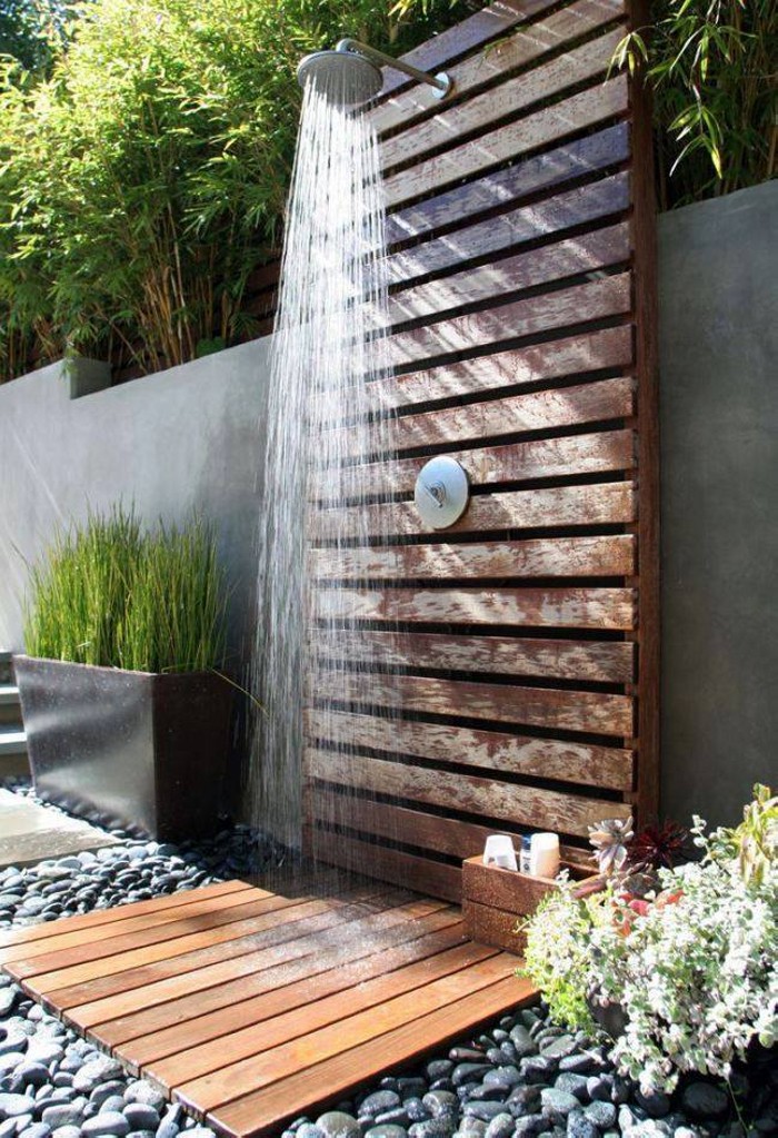 outdoor shower with wooden frame