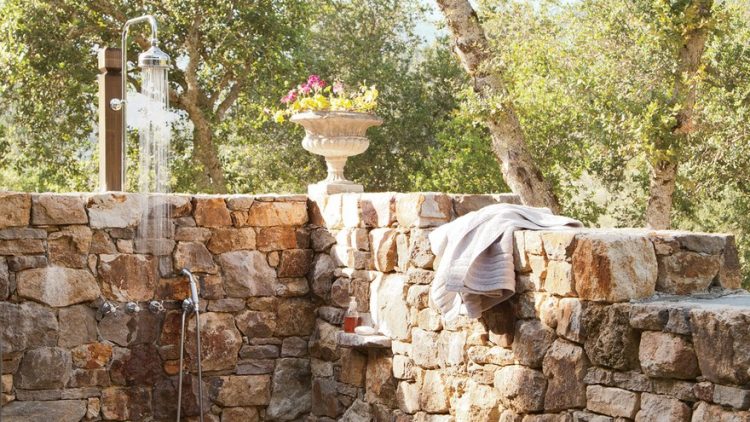 beautiful stacked stone outdoor shower