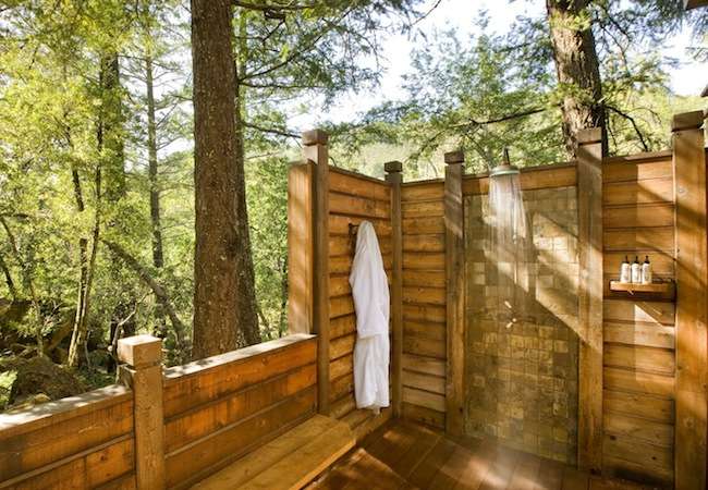 beautiful wooden outdoor shower