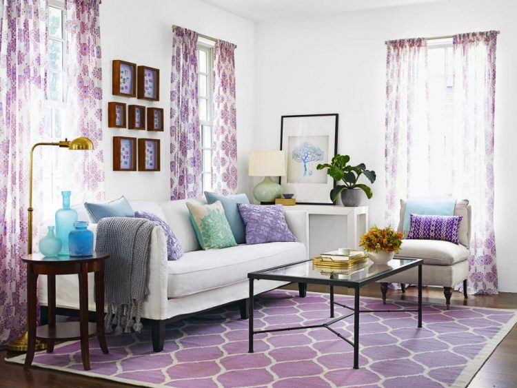 purple living room with accent pillows