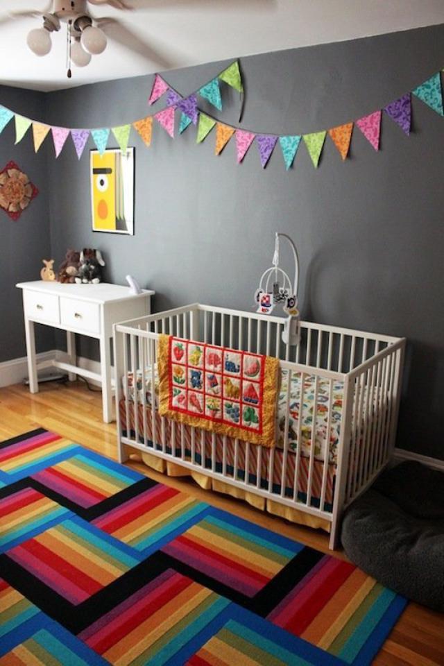 room with rainbow throw rug