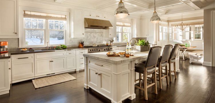 modern kitchen with hanging lamp