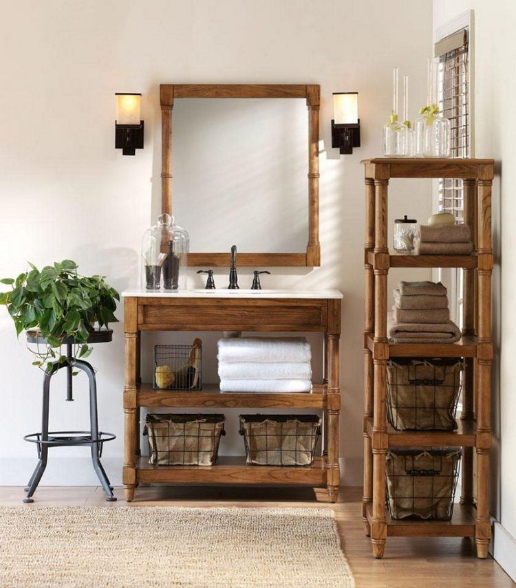 rustic bathroom with wooden rack