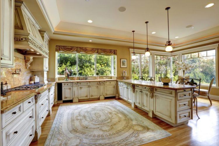 spacious vintage kitchen with large windows