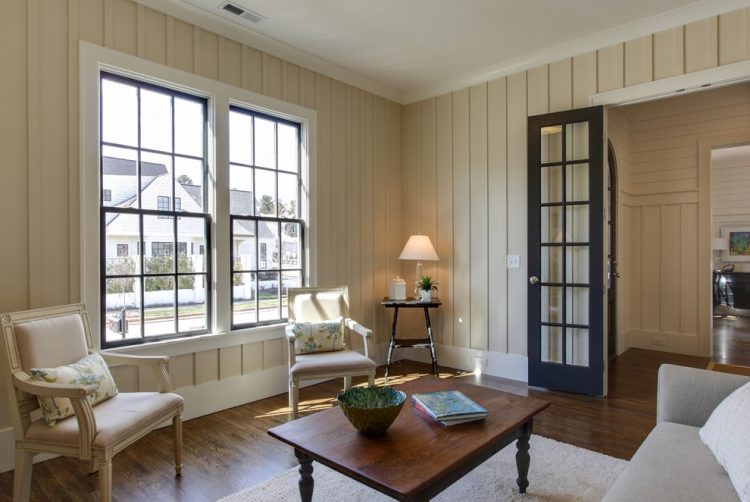 real wood paneled living room wall