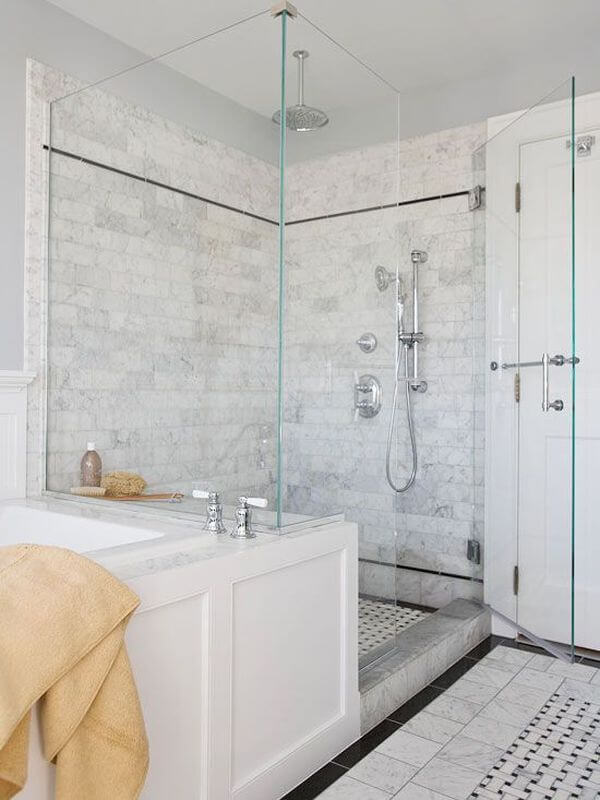 stand up shower with white stone