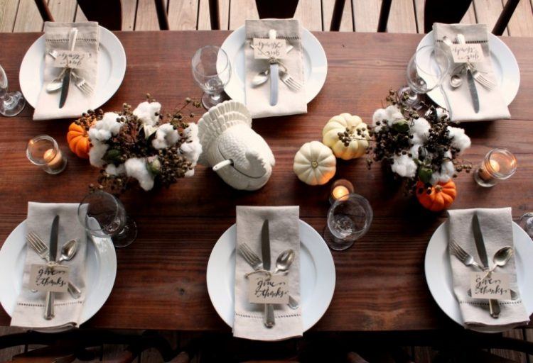 thanksgiving table decor with white plates