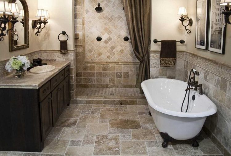 tile shower in beautiful rustic bathroom