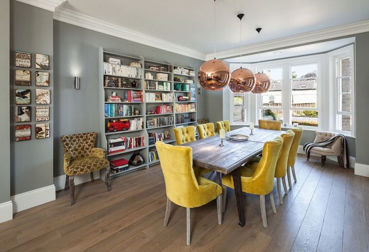 tom-dixon-pendant-lights-add-copper-glint-to-the-gray-and-yellow-dining-room