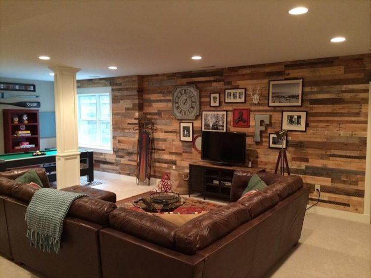 simple living room with wood wall