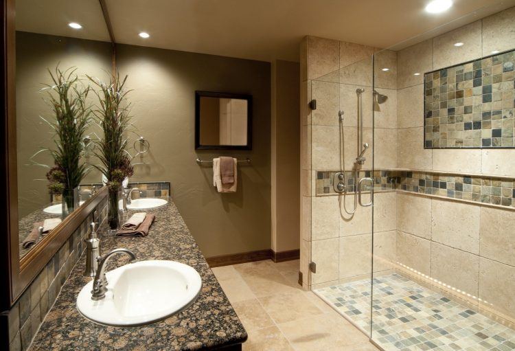 beautiful bathroom with large glass enclosed shower