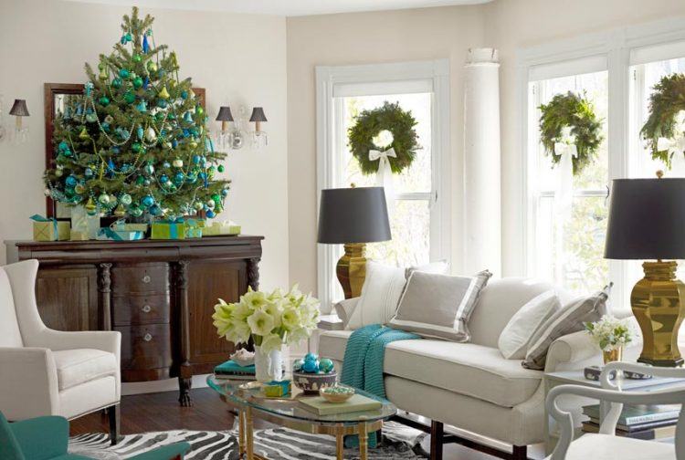 living room decor with wreaths on window