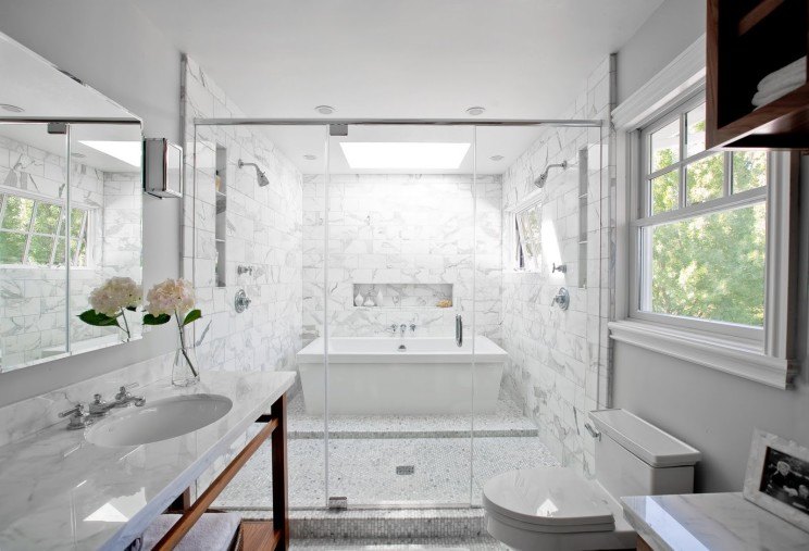 bathroom with large glass enclosed shower