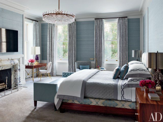 bedroom with beautiful crystal chandelier 