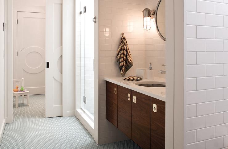 brown vanity in bathroom nook