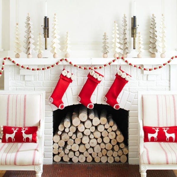 red and white christmas themed living room