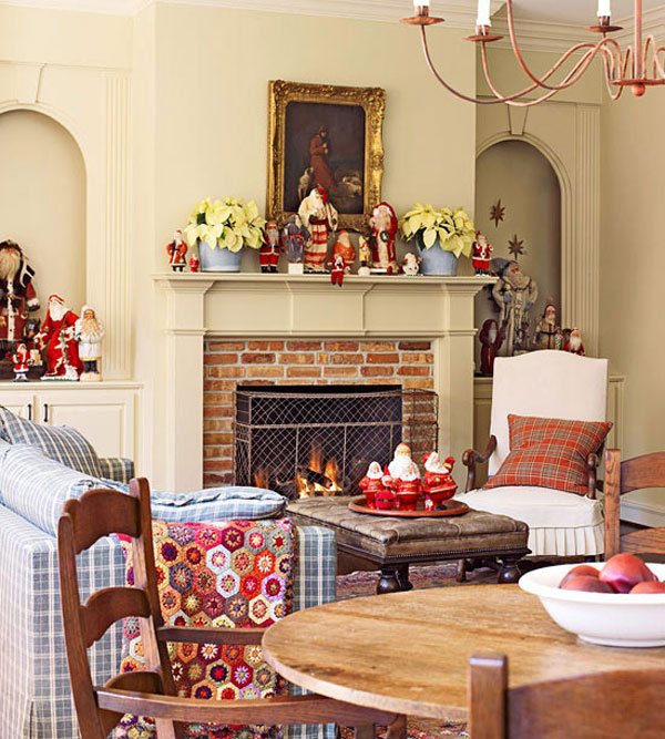 living room with santa statues