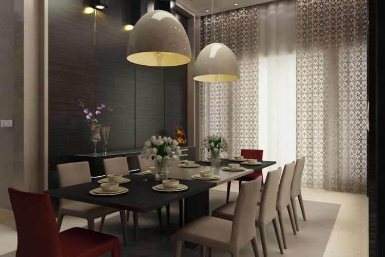 contemporary-dining-room-design-with-double-beige-acrylic-pendant-lights-over-black-rectangle-wooden-dining-table-equipped-dining-chairs-set-on-grey-carpet-floor-1120x746