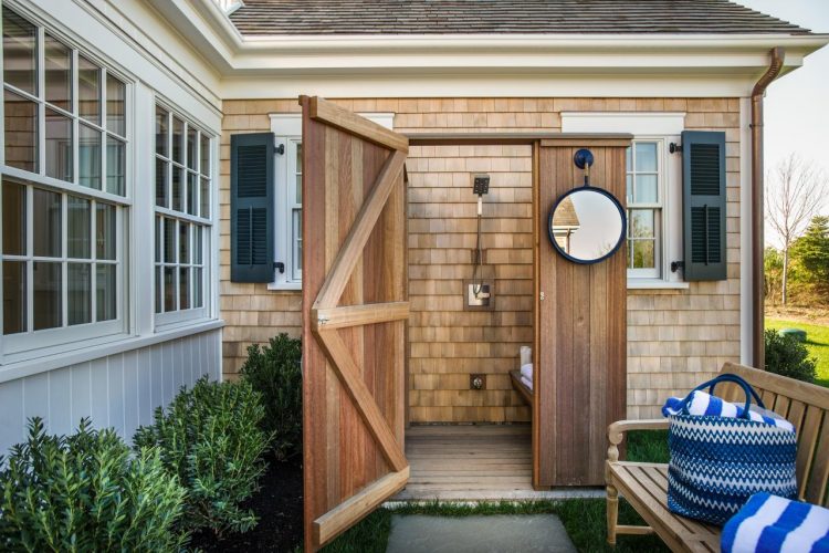 beautiful enclosed wooden outdoor shower