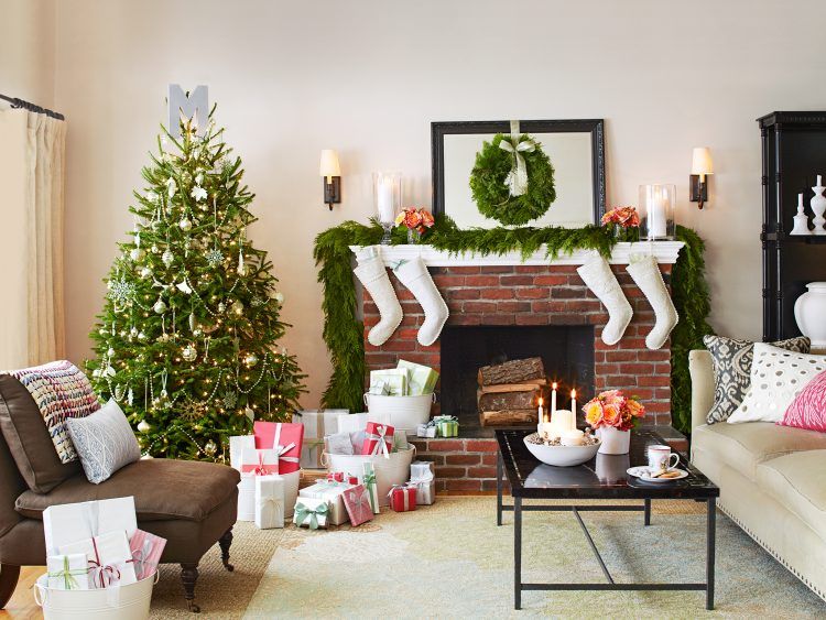 living room with white christmas decor