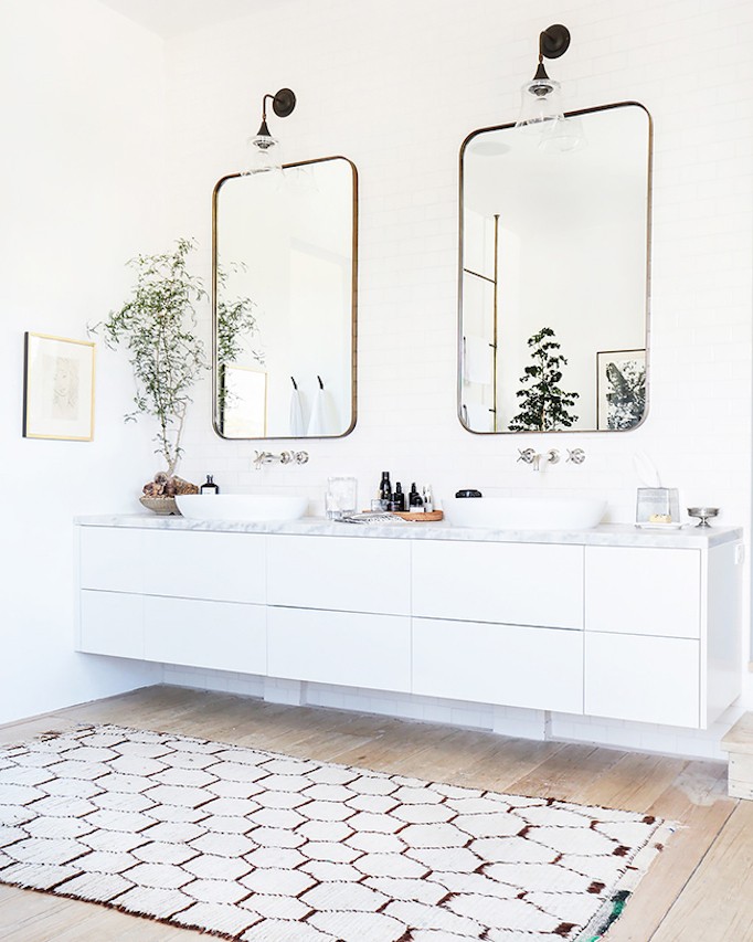 white vanity with gray counter