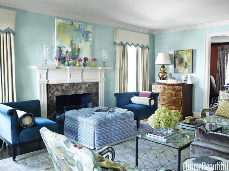 blue living area with green accents