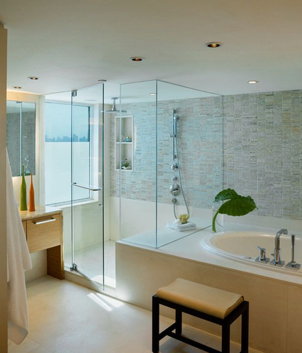 modern bathroom with glass enclosed shower