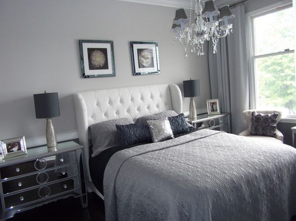 beautiful gray bedroom design with chandelier 