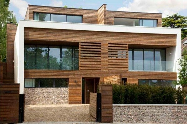 beautiful modern wooden house with slats