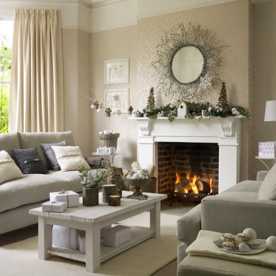 beautiful white living room with chrismas decor