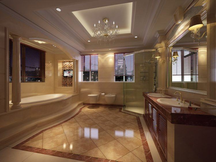 luxury bathroom with chandelier