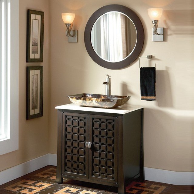 modern bathroom vanity and round mirror