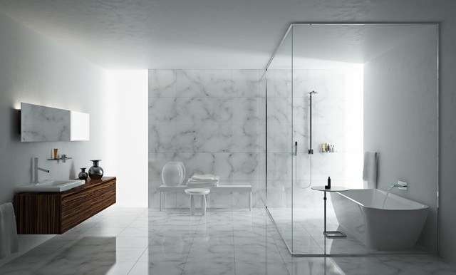 gray bathroom with glass shower