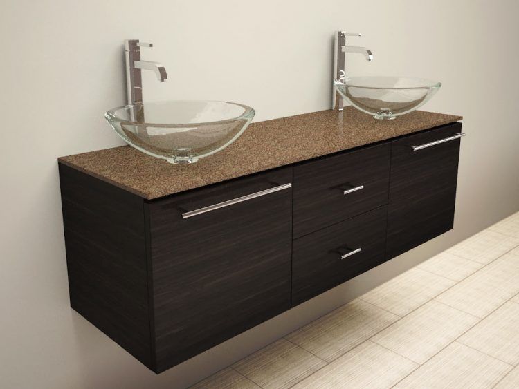 dark brown vanity with vessel sinks