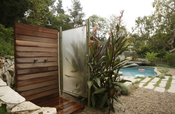 beautiful outdoor shower with glass and wood