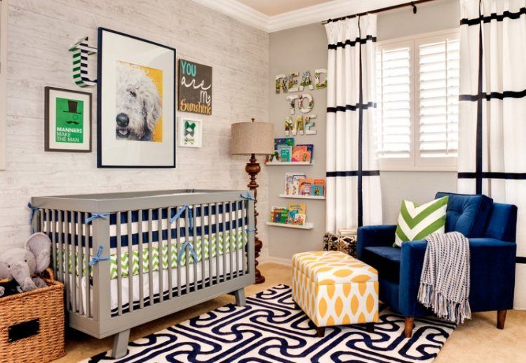 patterned room with baby crib