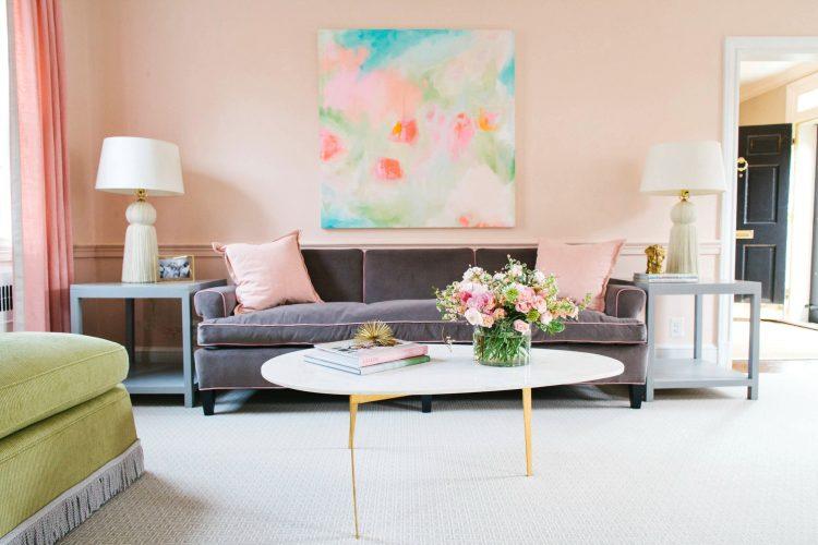 peach pink pastel living room