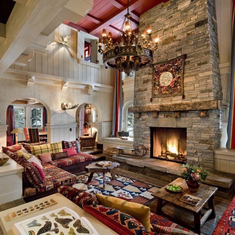 plaid-pillows-chalet-cottage-fireplace