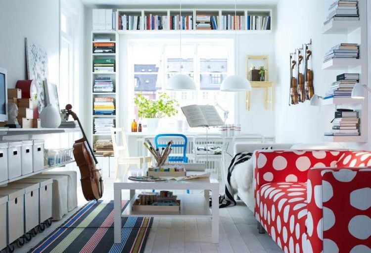 living room with red and white couch