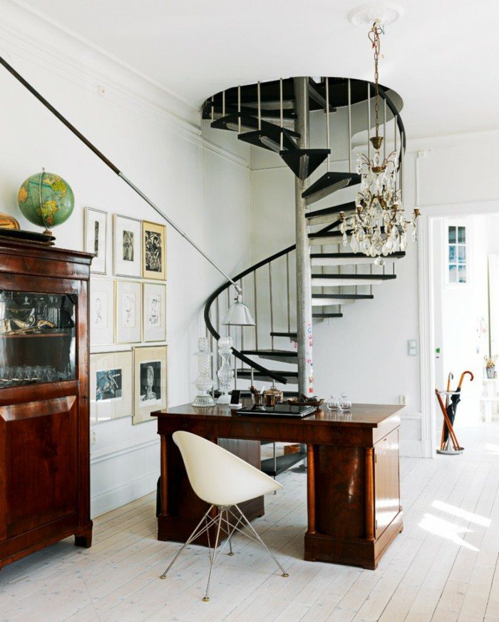 home office with modern staircase