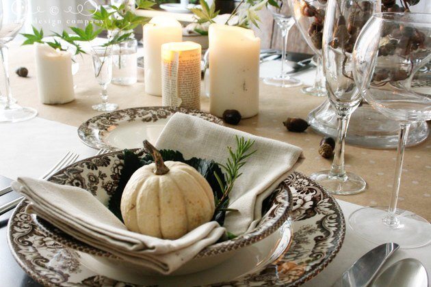 thanksgiving table setting with white pumpkin