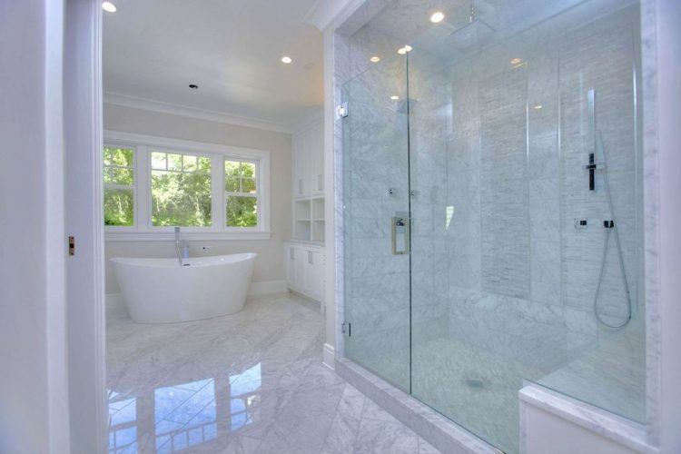 beautiful master bath with freestanding tub