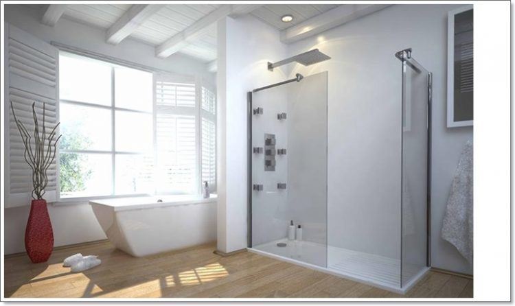 beautiful bathroom with freestanding tub and wood floor