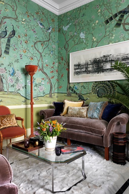 living room with hand painted walls